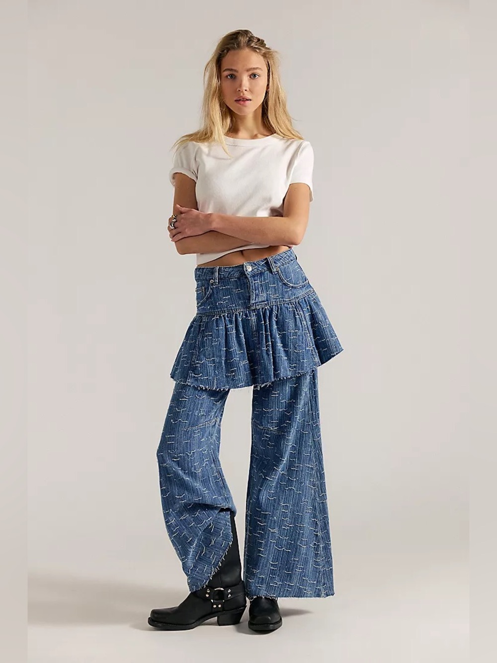 New Free People We The Free Front Row Ruffle Denim Jean Mini Skirt sz 26